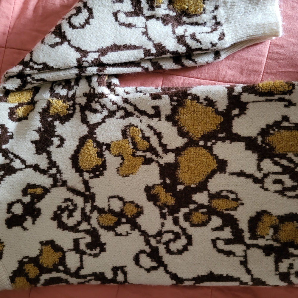 Gimmicks by BKE Cream and Brown Crew Neck Sweater with Vintage Botanical Design